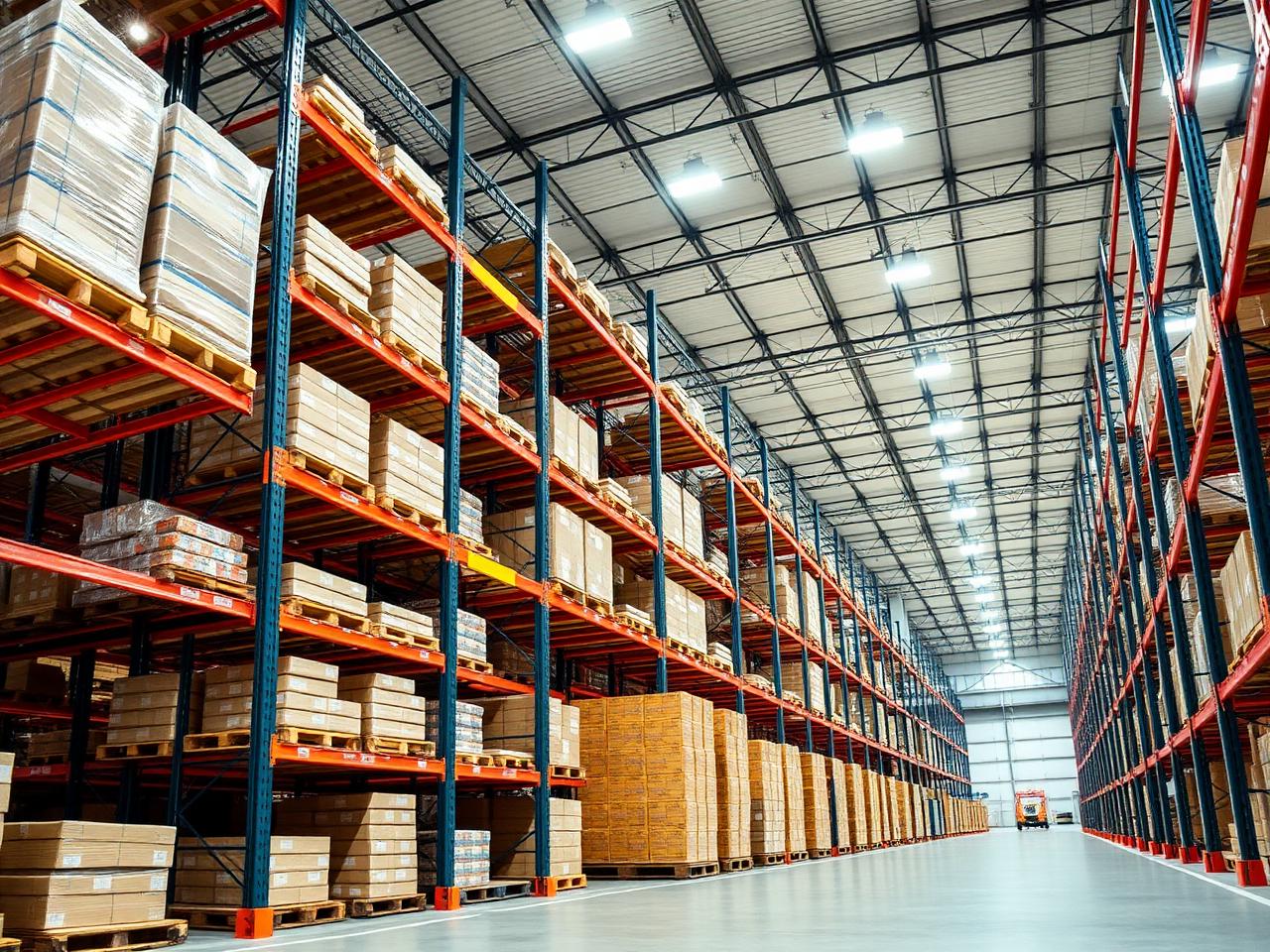 Interior de un centro de distribución con estantería industrial y mercancía paletizada