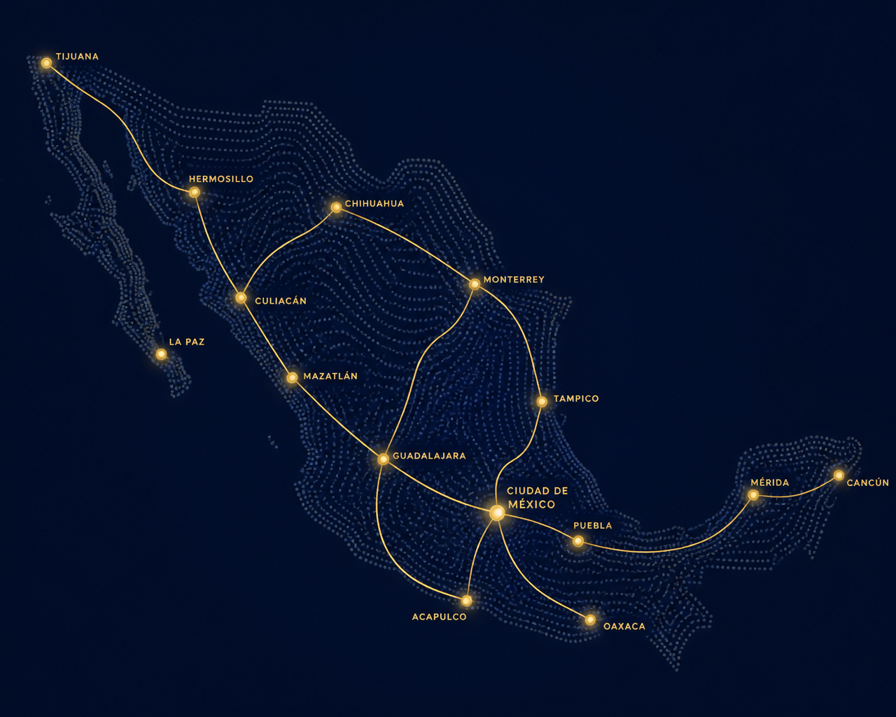 Mapa estilizado de México con rutas logísticas destacadas entre las principales ciudades